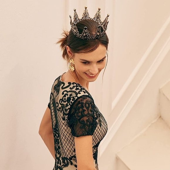 BLACK and Silver Crystal Rhinestone Metal Queen Crown Tiara Hair Accessory - Picture 4 of 9